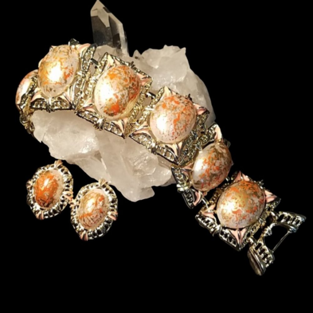 Vintage Splatter Painted Lucite Bracelet & Earring Set
